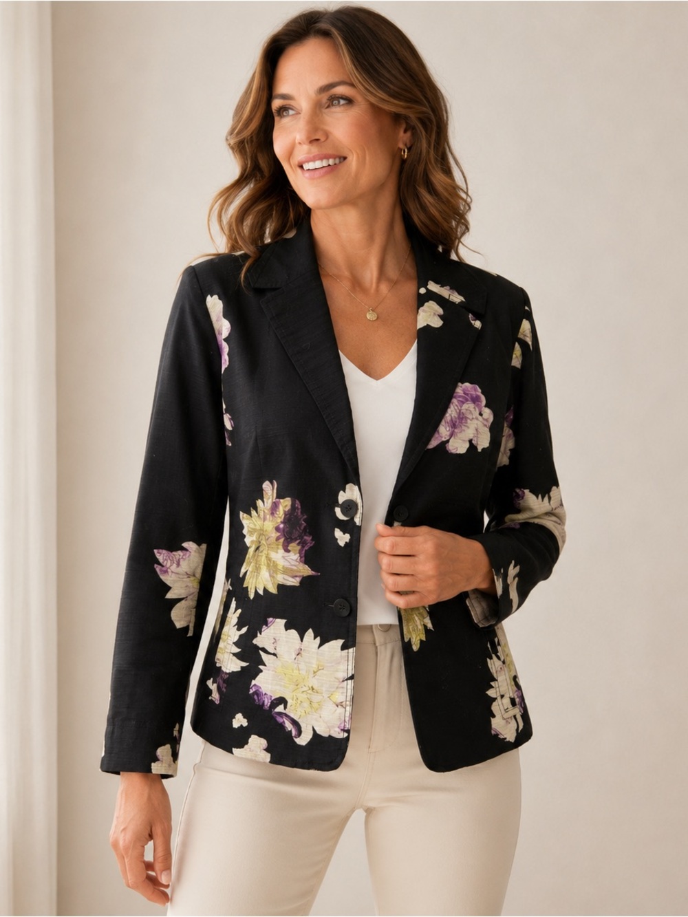 Coldwater Creek Black Floral Blazer Cinched Waist Jacket Cotton Blend Size 10
